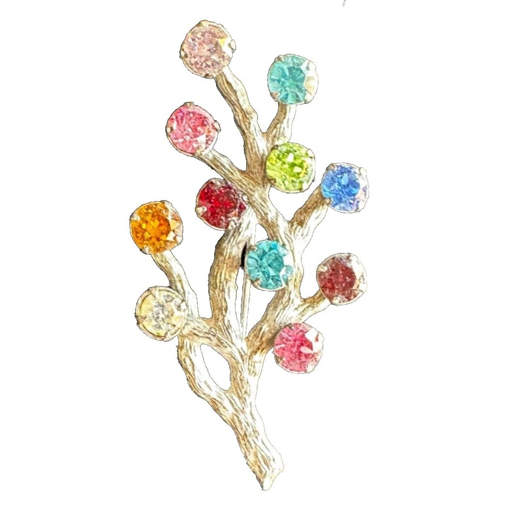 VTG Van Dell 925 Sterling Silver Family Tree Brooch Color Rhinestones Art 5.5g